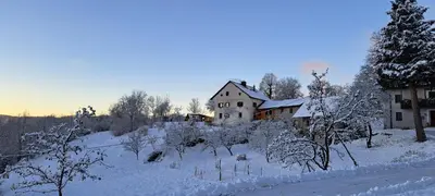 a house on a hill covered in snow at Apartma Humar in Kobarid