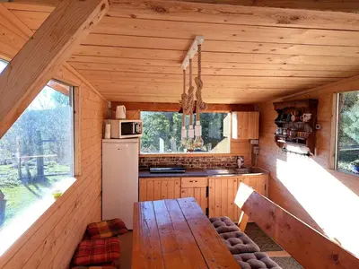 a kitchen in a wooden cabin with a wooden table at Apartma Humar in Kobarid