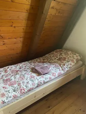 a bed in a room with a wooden ceiling at Hiša Pr Valter in Jesenice