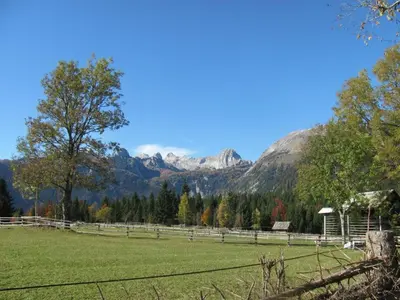 a field with a fence and mountains in the background at Apartma Hodnik Bohinj Uskovnica in Srednja Vas v Bohinju