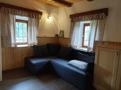 a blue couch in a living room with two windows at Apartma Hodnik Bohinj Uskovnica in Srednja Vas v Bohinju