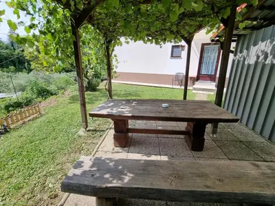 a wooden picnic table sitting under a tree at Apartma Gorjan in Tolmin