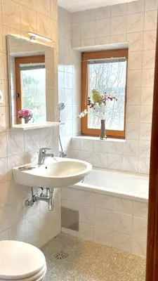 a bathroom with a sink and a tub and a toilet at Apartments Katrca Bežigrad in Ljubljana