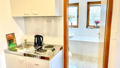 a small kitchen with a sink and a stove at Apartments Katrca Bežigrad in Ljubljana