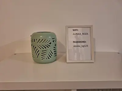 a green vase sitting on a shelf next to a picture at ALPSKA ROŽA in Kranjska Gora