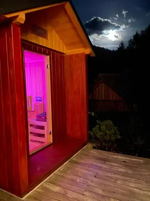 a small wooden house with a pink lighted door at Alpine Wooden Villa with a View in Gozd Martuljek