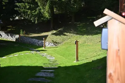 a garden with a stone path in the grass at SLO-ETNO HOUSE GOSTECE-Vintage Apartma in Mozirje