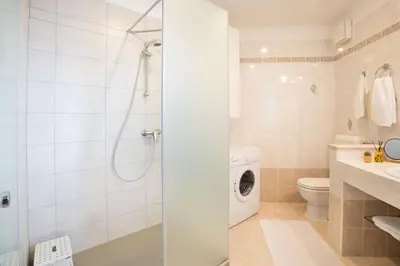 a bathroom with a shower and a washing machine at Apartment Ajdi in Ajdovščina