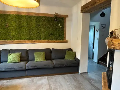 a couch in a living room with a green wall at Hiša Pod gorami II****-house with wellness in Kranjska Gora