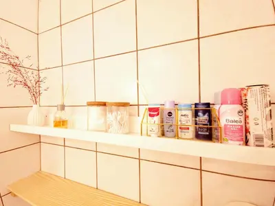 a shelf with products on it in a bathroom at Apartma Stanka in Bistrica ob Sotli
