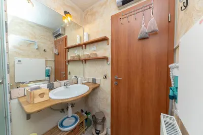 a bathroom with a sink and a wooden door at Apartma Brlog Petra, Kranjska Gora in Kranjska Gora