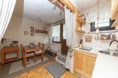 a kitchen and dining room with a table and a sink at Apartma Brlog Petra, Kranjska Gora in Kranjska Gora