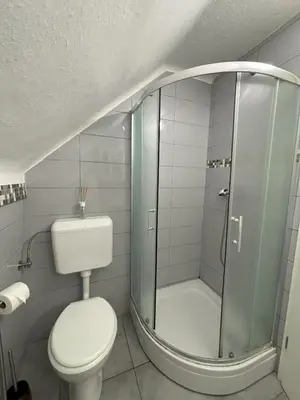 a bathroom with a toilet and a shower at Apartments Heart in Ljubljana