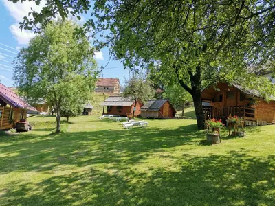 a green yard with trees and buildings and a bench at Camping Silva in Ljutomer