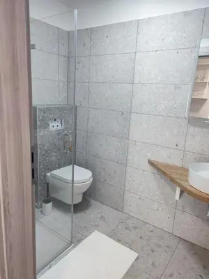 a bathroom with a toilet and a glass shower at Tilka`s house in Blejska Dobrava
