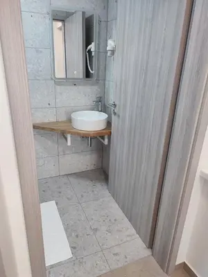a bathroom with a sink and a mirror at Tilka`s house in Blejska Dobrava