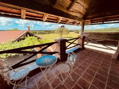 a table and chairs on a patio with a view of a vineyard at Villa Goričko in Šalovci