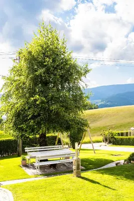 a white bench sitting under a tree in a field at Apartma Tia 2 in Zreče
