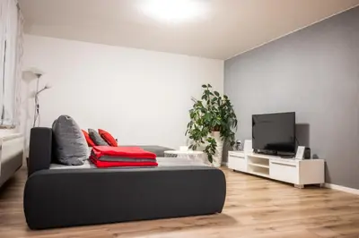 a living room with a black bed and a tv at Apartma Tia 2 in Zreče