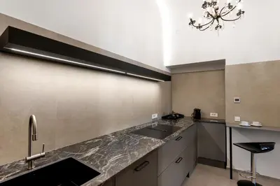 a kitchen with a sink and a counter top at Ljubljana Palace Suites in Ljubljana