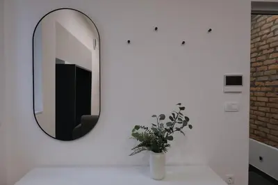 a mirror and a vase with a plant in a room at Apartments Emona FREE Parking & gym in Ljubljana
