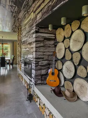 a guitar sitting on a wall next to a fireplace at Koča na samem Prestiž in Šalovci