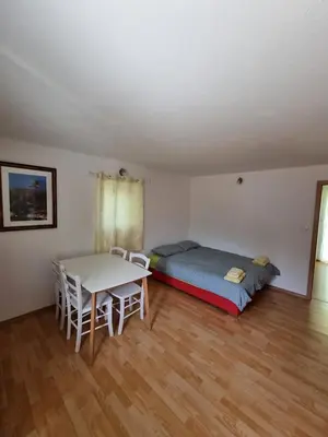a bedroom with a bed and a table and chairs at Apartma Patricija - Cozy apartments for 2 or 4 people in Tolmin