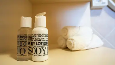 a bottle ofsoya sitting next to a stuffed animal at Apartma Tri oljke in Dobrovo