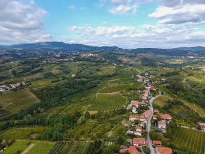 an aerial view of a small town in a vineyard at Apartma Tri oljke in Dobrovo