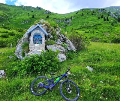 a blue bike parked in the grass next to a building at Apartma Melita in Kobarid