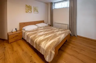 a bedroom with a large bed and a window at Alpski škrat, Kranjska Gora in Kranjska Gora