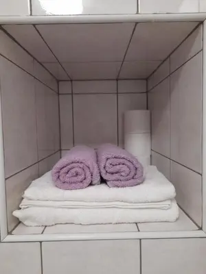 two purple towels sitting on a shelf in a bathroom at Apartma Lena in Kranjska Gora