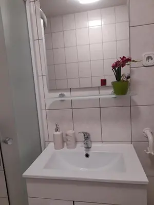 a white bathroom with a sink and a mirror at Apartma Lena in Kranjska Gora