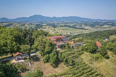 an aerial view of a house on a hill with trees at Holiday home in Loka pri Zusmu Stajerska Untersteiermark 26086 in Loka pri Žusmu