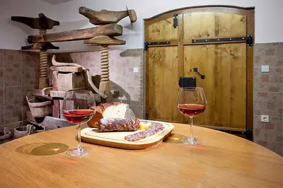 two glasses of wine sitting on a wooden table at Holiday home in Otocec Kranjska Krain 26062 in Otočec