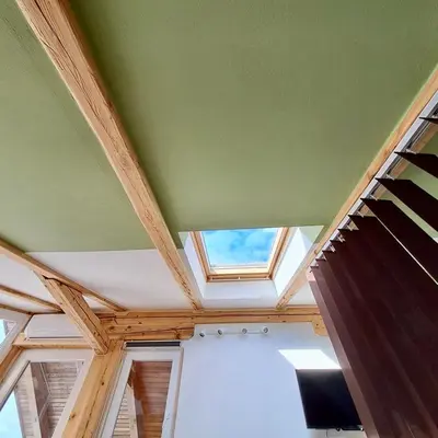 a room with a green ceiling with a window at Mini Loft close to Logar Valley in Rečica ob Savinji