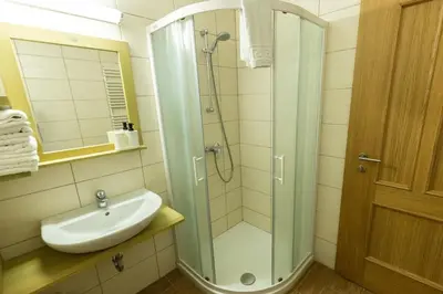 a bathroom with a sink and a shower at Pr'Finzgar in Brezje