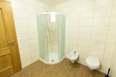 a bathroom with a shower and a toilet at Pr'Finzgar in Brezje