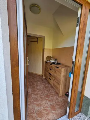 a room with a kitchen with a counter and a door at zidanica Bunderšek in Šentjanž