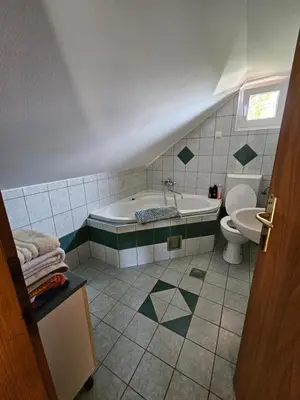 a bathroom with a tub and a toilet and a sink at zidanica Bunderšek in Šentjanž