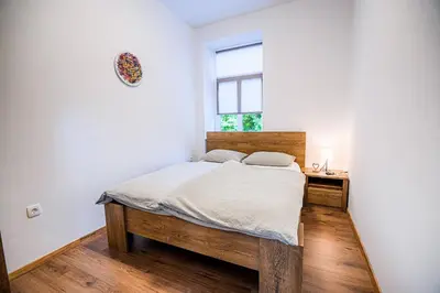 a bedroom with a bed and a window at Guesthouse Pr'Šefu in Brežice