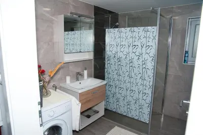 a bathroom with a shower and a sink and a washing machine at Apartma Lara in Lesično