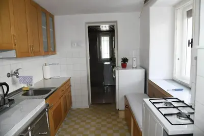 a kitchen with a sink and a refrigerator in it at Pri Matičku in Bohinj