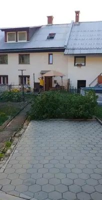 a house with a brick walkway in front of it at Pri Matičku in Bohinj