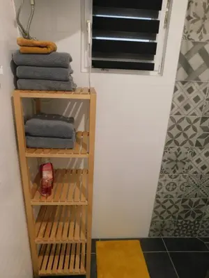 a room with a shelf with blue towels at Vali's Paradise in Ptuj