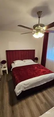 a bedroom with a large bed with a ceiling fan at Apartmani MURIC Ljubljana in Ljubljana