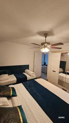 a bedroom with two beds and a ceiling fan at Apartmani MURIC Ljubljana in Ljubljana