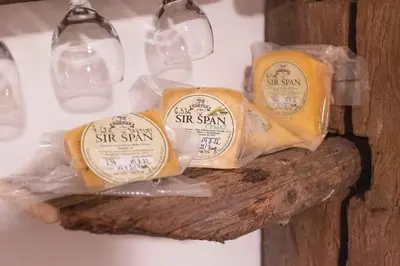 two blocks of cheese sitting on a piece of wood at Holiday home in Sentvid pri Sticni - Zentralslowenien 43927 in Šentvid pri Stični