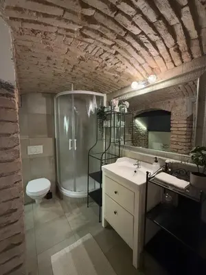 a bathroom with a shower and a sink and a toilet at Central Oasis-with parking in Ljubljana