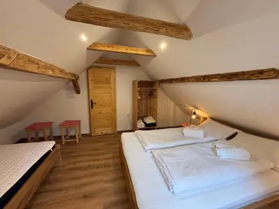 a bedroom with two beds in a attic at Grunt Sonek in Mislinja